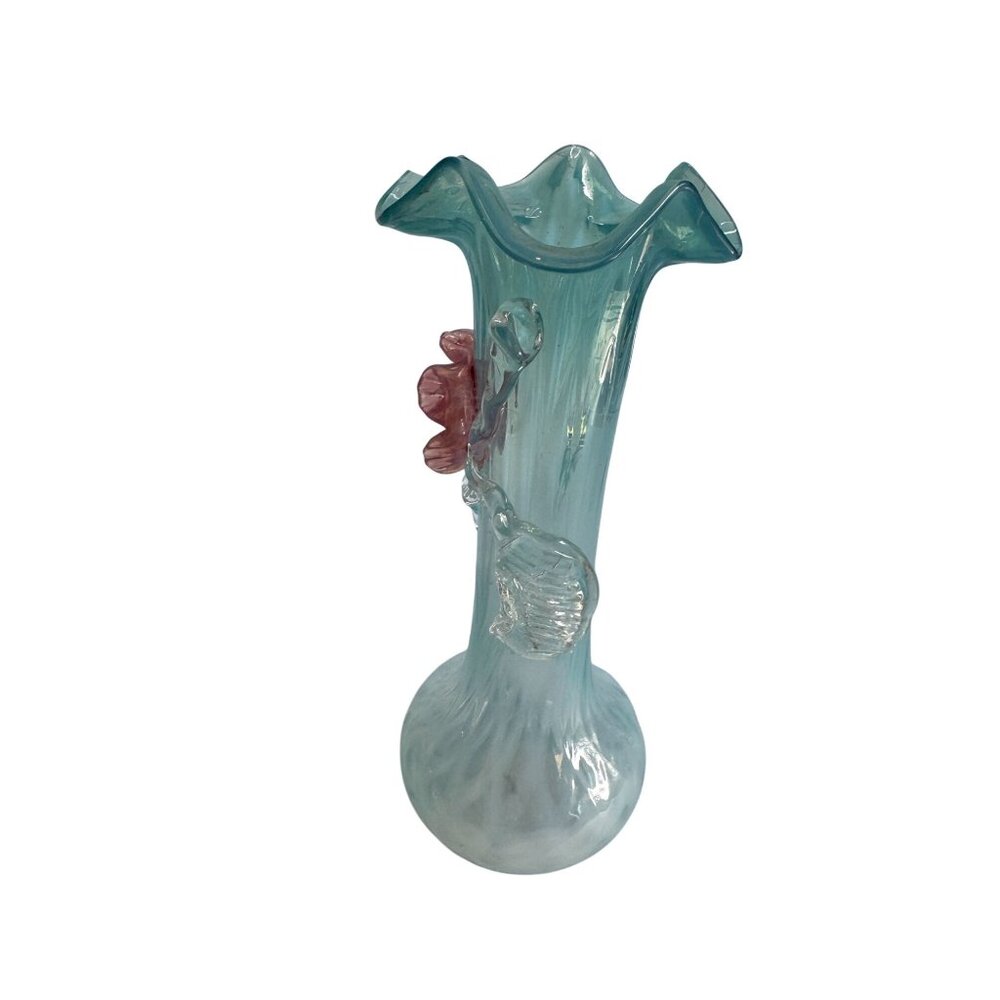 Handcrafted Blue Lace Glass Vase With Pink Rose Embellishment 7" - Picture 5 of 7
